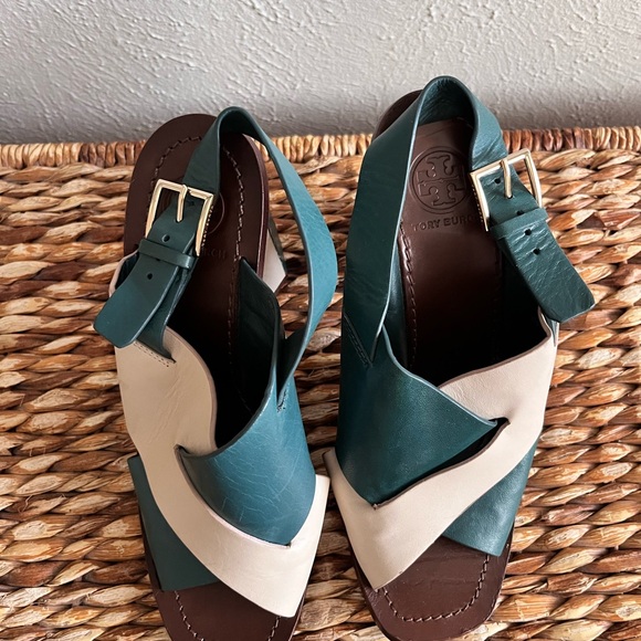 Tory Burch teal green white cream Colorblock Heel geometric sandal sling back 8 - Picture 4 of 10